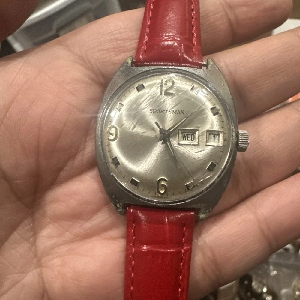 Working Vintage Sportsman Mens‎ Day Date Red Mechanical Watch Germany 34mm Fit 8
